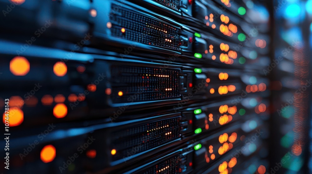 Close-up view of a server rack with illuminated lights and cables in a data center. Close-up view of a server rack with illuminated lights and cables in a data center.