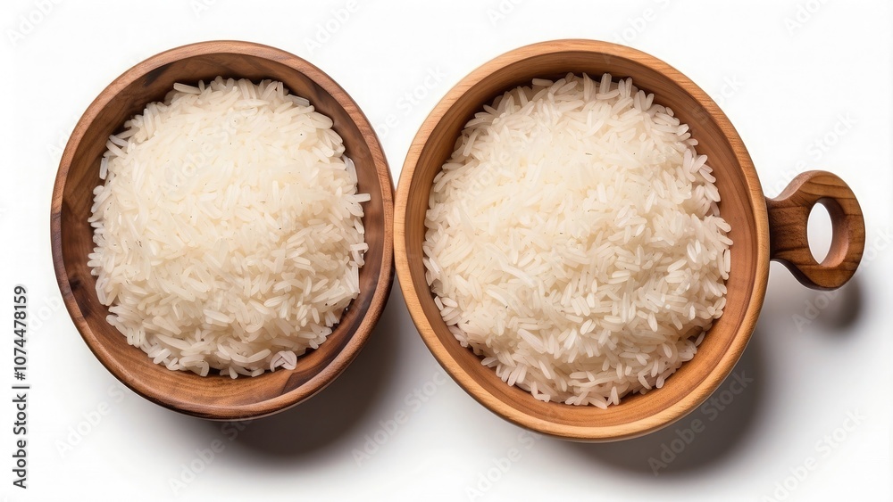 Top view of white rice in a wooden bowl, isolated on a white or transparent Top view of white rice in a wooden bowl, isolated on a white or transparent
