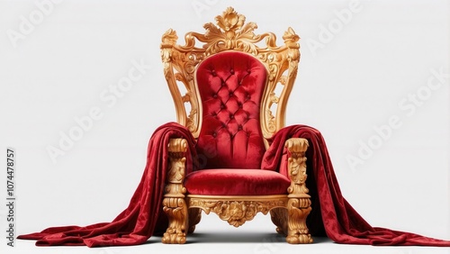  Isolated red and gold throne chair on a white or transparent backgroun