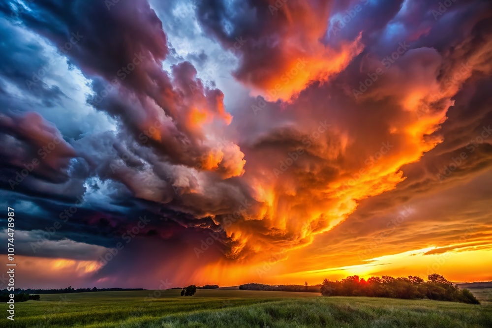 Fototapeta premium Dramatic Summer Evening Storm Captured in Portrait Photography, Showcasing Dark Clouds, Lightning Strikes, and a Striking Contrast Against a Fiery Sunset Sky