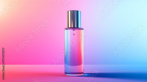 Glass Perfume Bottle on Pink and Blue Gradient Background - 3D Illustration