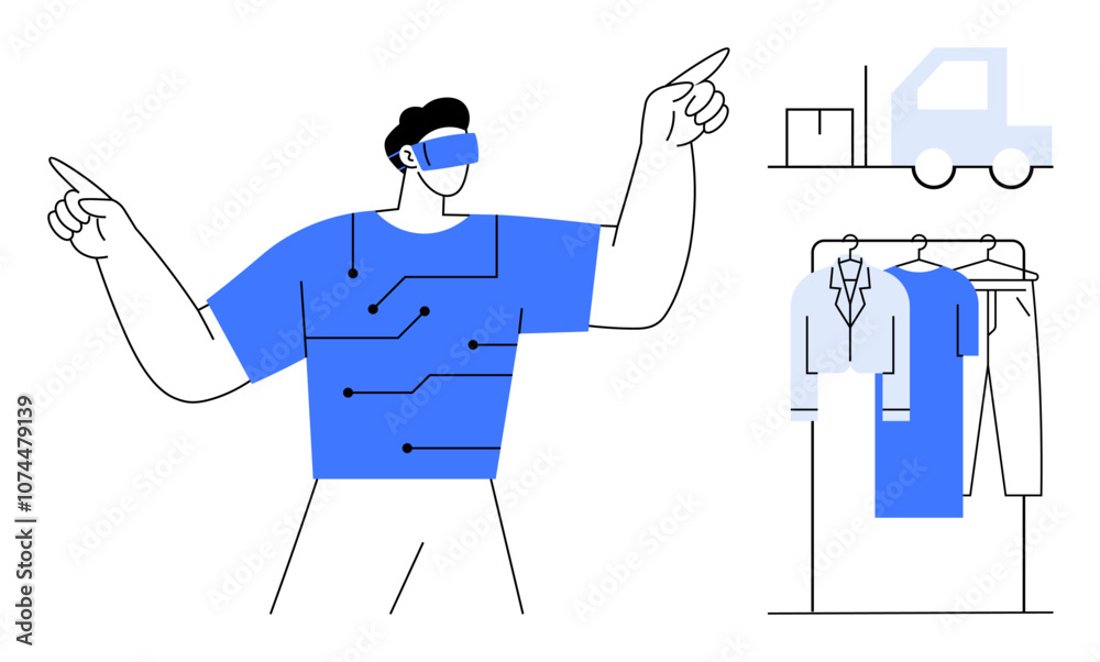 Man using VR glasses pointing at virtual elements. Clothing on hangers, truck, and package visualized around him. Ideal for e-commerce, VR, technology, fashion retail, virtual shopping delivery Man using VR glasses pointing at virtual elements. Clothing on hangers, truck, and package visualized around him. Ideal for e-commerce, VR, technology, fashion retail, virtual shopping delivery