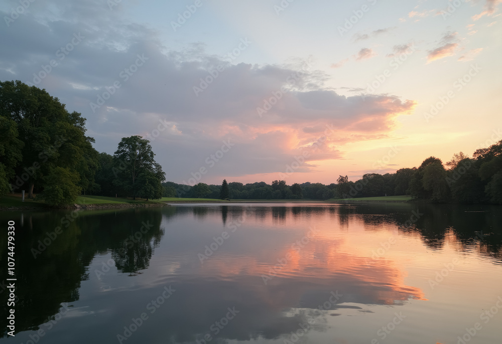 Sunset over a peaceful pond in a park Sunset over a peaceful pond in a park