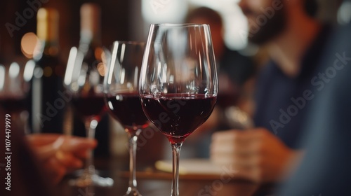 A close-up of wine glasses filled with red wine, set against a blurred background of people enjoying a social gathering.