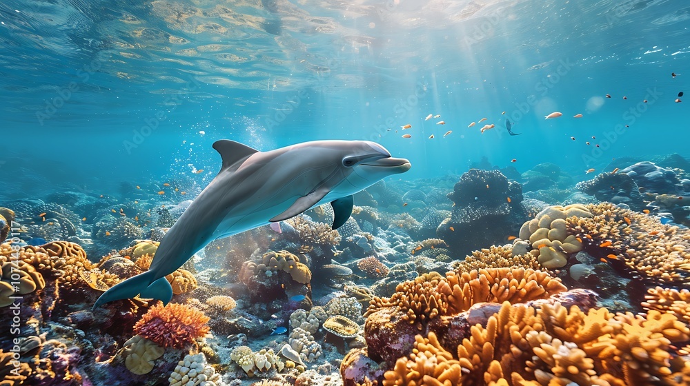 Fototapeta premium graceful dolphin swimming through a coral reef 