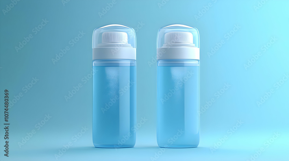 Two Blue Spray Bottles on Light Blue Background - 3d Illustration Two Blue Spray Bottles on Light Blue Background - 3d Illustration