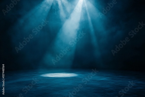 Dark, empty room with a single spotlight in the middle, empty dark warehouse background