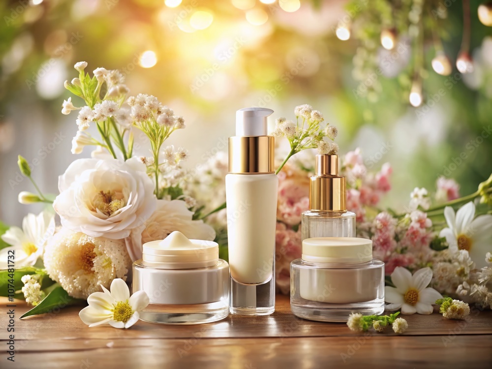 Elegant Display of Skincare Products Featuring Cream and Serum for a Luxurious Beauty Routine in a Soft, Inviting Setting with Natural Light and Floral Accents