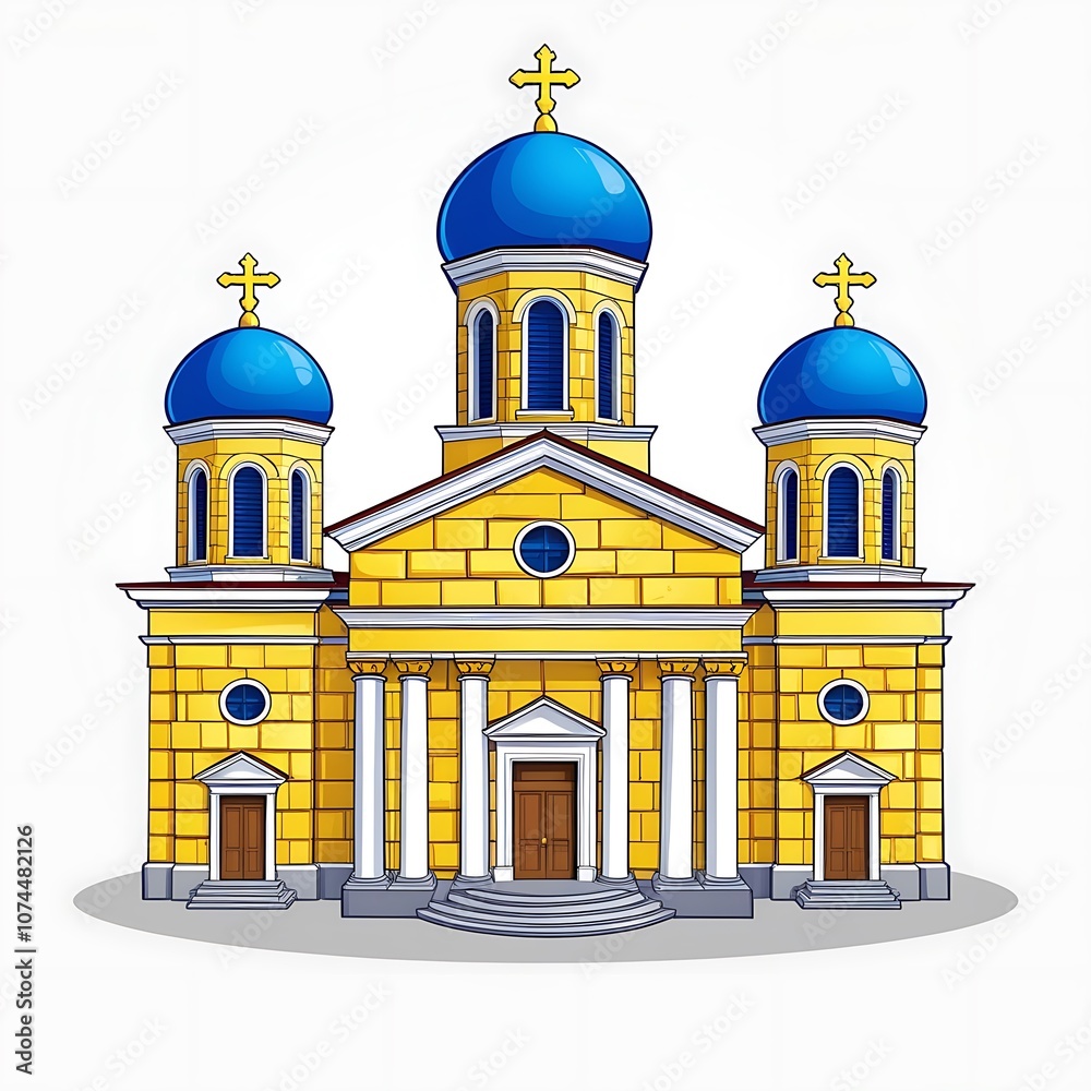 Yellow brick church with three blue domes and golden crosses