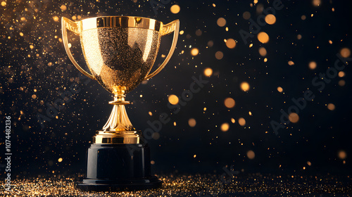 golden trophy shining against black background with particles