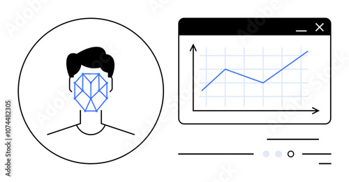 Human face with geometric pattern next to a graph display in a web window with upward trend and grid. Ideal for AI, machine learning, data analytics, facial recognition, cybersecurity, biometrics