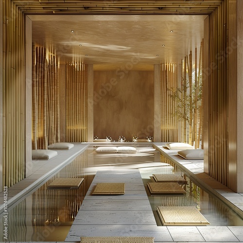 Zen Meditation Room with Bamboo Walls and Tranquil Water Features photo