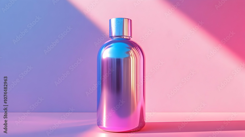 Metallic Bottle on Pink and Purple Gradient Background - 3D Render Metallic Bottle on Pink and Purple Gradient Background - 3D Render