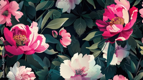 Modern floral pattern with bold pink blooms and contrasting green leaves, creating a striking and stylish look for fashion accessories and digital artwork