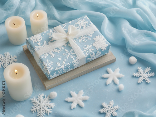 Snow Festival gift with candles and snowflakes on blue fabric photo