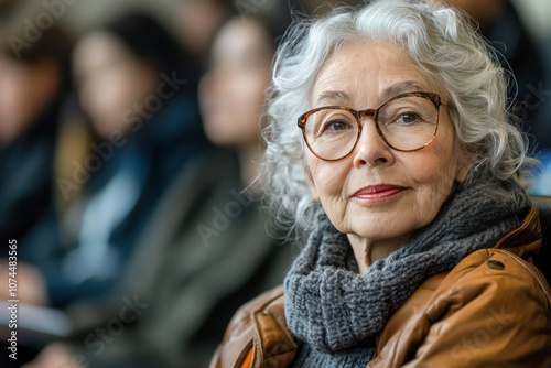 Portrait of an older woman with gray hair and glasses attending a lecture, wearing a cozy scarf and sweater, looking thoughtful.