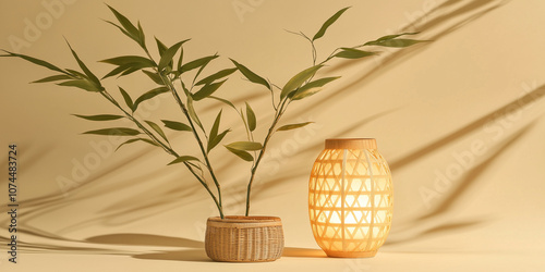 Bamboo Festival lantern with bamboo leaves casting shadows