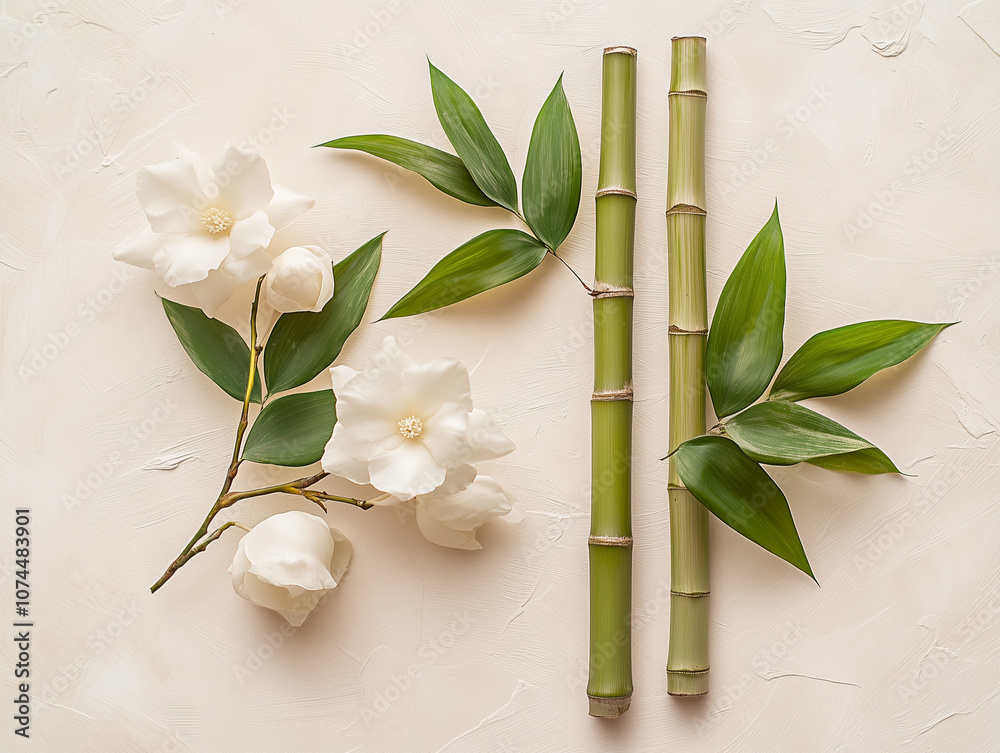 Bamboo Festival bamboo stems and white flowers on textured background Bamboo Festival bamboo stems and white flowers on textured background
