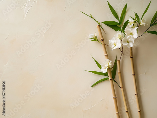 Bamboo Festival bamboo stems with white flowers on beige