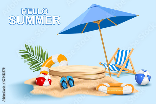 summer vacation product display and presentation banner. wooden cylinder podium and summer objects decorative business advertising banner and showroom background vector illustration.