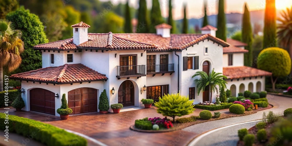 Fototapeta premium Elegant Spanish Style Home with Striking White and Black Exterior, Dark Brown Accents, and Inviting Paver Driveway Showcased through Tilt-Shift Photography Technique