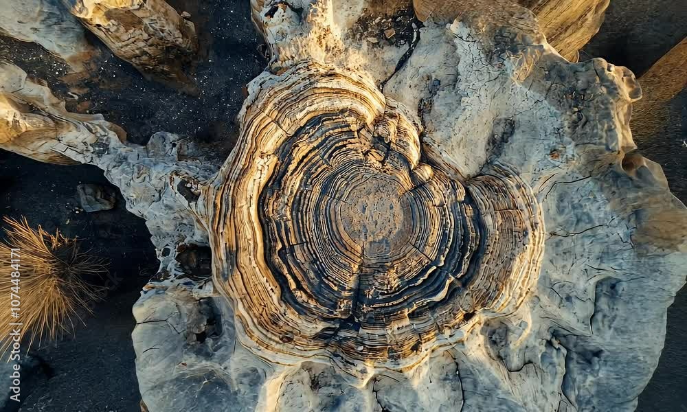 Aerial view of unique rock formations showcasing layered textures and natural patterns.