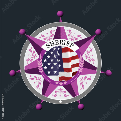 150-09-Purple sheriff star badge featuring waving american flag and floral decoration