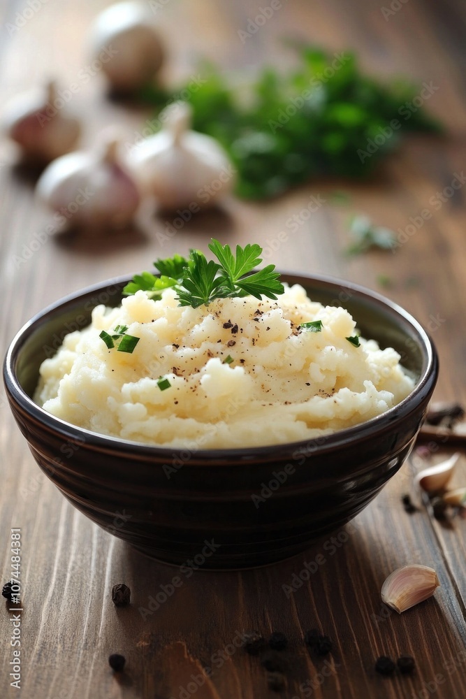 Garlic-infused mashed potatoes in a bowl, with parsley and a touch of black pepper for garnish Garlic-infused mashed potatoes in a bowl, with parsley and a touch of black pepper for garnish