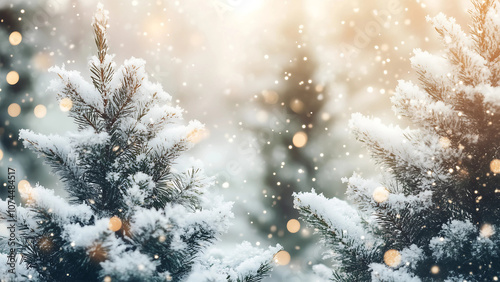 Close up of Christmas tree with snow with warm glow golden light and space for text. photo