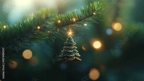 Close-up view of a Christmas tree background with the small Christmas tree decorated