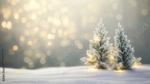 Small Christmas tree winter background with warm glow golden light and space for text. photo