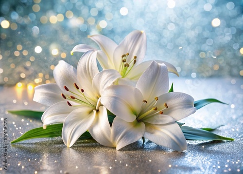Elegant White Lilies on a Sparkling Glitter Background Capturing the Essence of Nature's Beauty in a Stunning and Artistic Presentation for Stock Photography