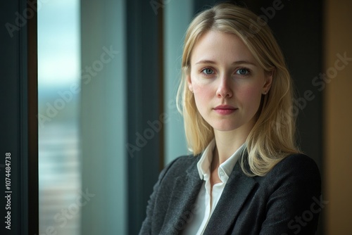 Female executive in modern office attire, standing by a window with a thoughtful expression, representing professionalism