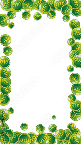 Vitamin Q10 round capsules scattered randomly.