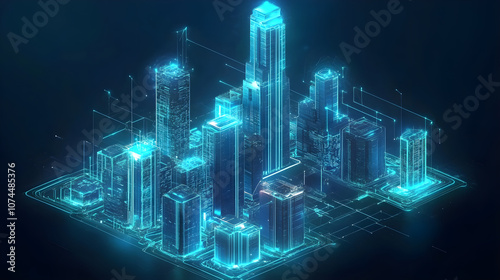 Isometric smart city with glowing blue buildings and futuristic design