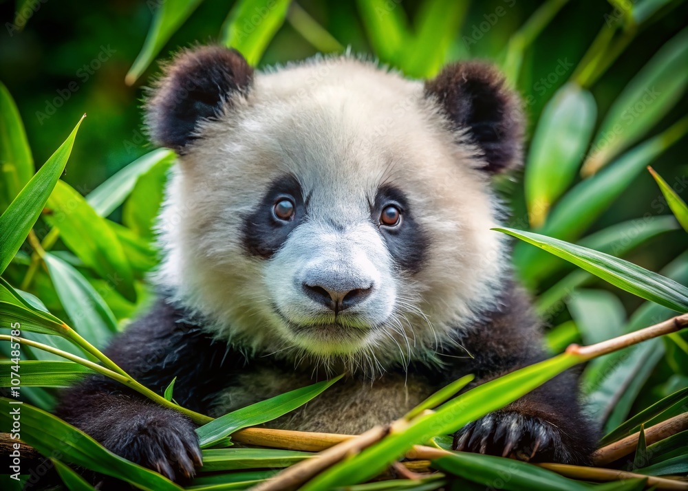 Fototapeta premium Enchanting Close-Up of a Baby Giant Panda Bear Amidst Lush Greenery in a Natural Habitat, Showcasing Its Adorable Features and Playful Nature for Wildlife Enthusiasts