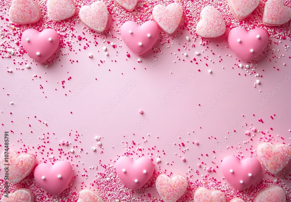 A pink background with small hearts and candy A pink background with small hearts and candy