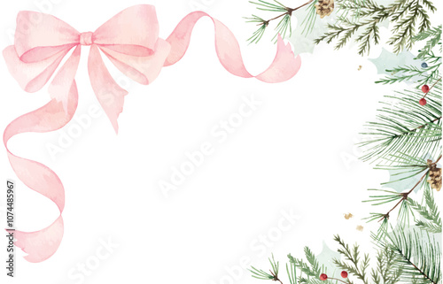 Watercolor vector banner with pink bow, ribbons and fir twigs. Borders for holiday greeting card, stationery and invitation. Hand painted winter plants. Xmas template.
