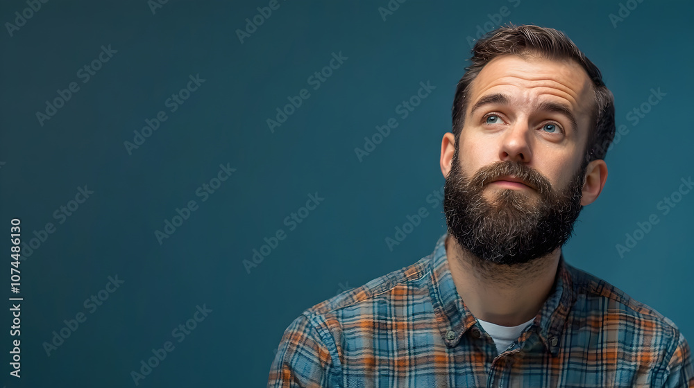 Obraz premium Man with beard in plaid shirt looking thoughtfully upwards