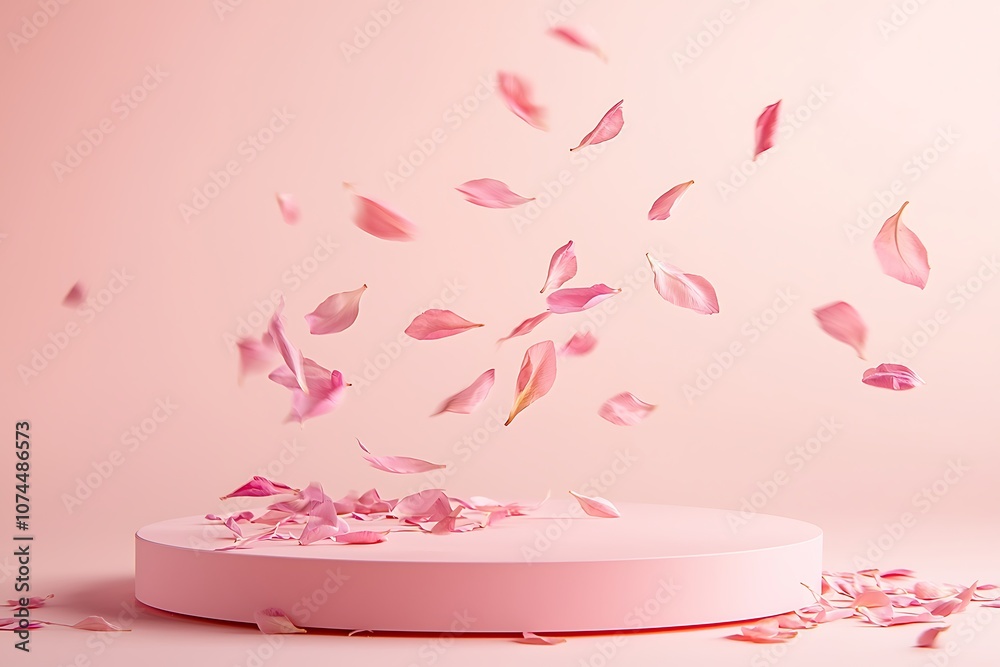 A pink podium with petals floating around A pink podium with petals floating around