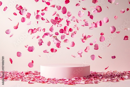 A pink podium with petals floating around