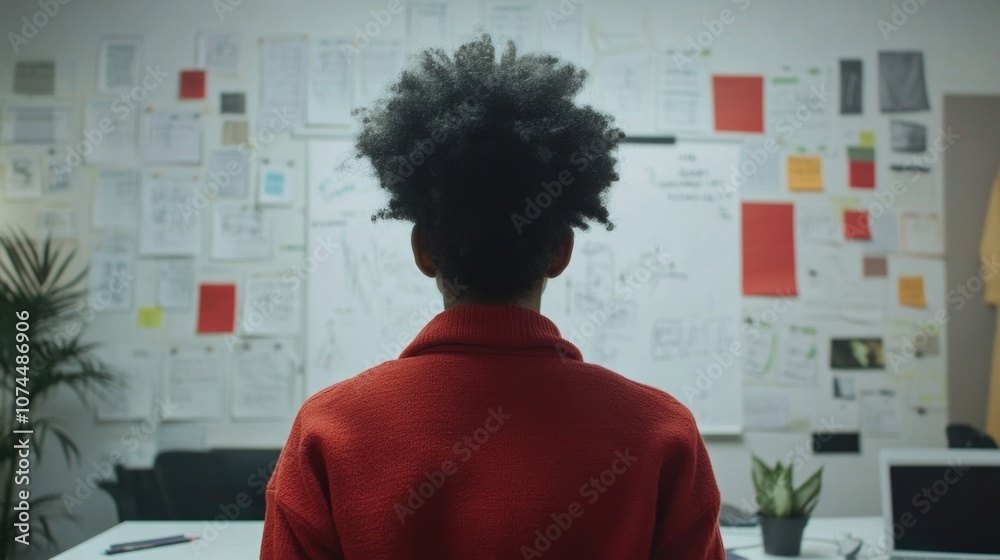 Entrepreneurial mindset with a young professional in modern workspace, whiteboard filled with innovative ideas and strategies Entrepreneurial mindset with a young professional in modern workspace, whiteboard filled with innovative ideas and strategies