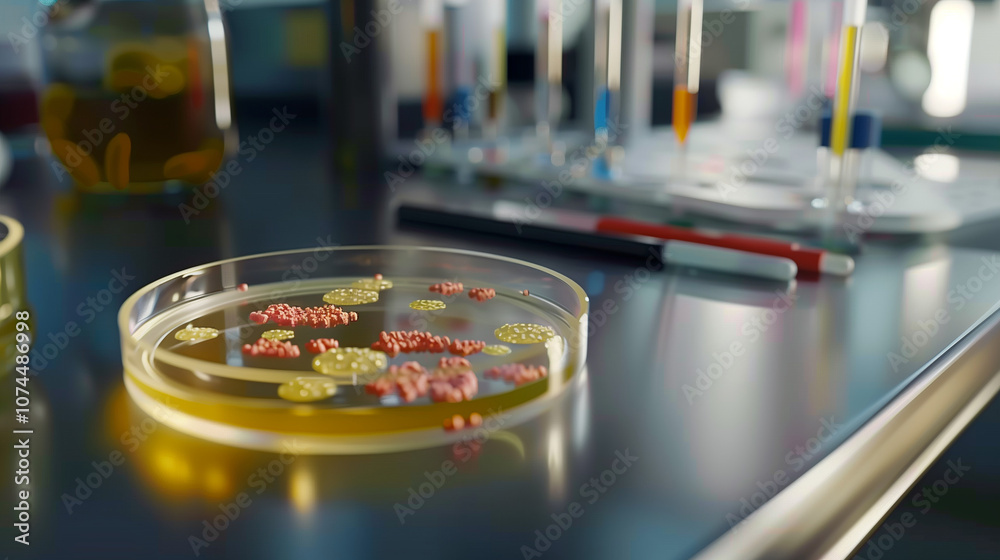 A Close-Up of a Petri Dish Filled with Vibrant and Colorful Bacterial Colonies, Symbolizing Gut Bacteria, Set on a Clean Laboratory Bench with a Blurred Background That Enhances the Scientific Focus a