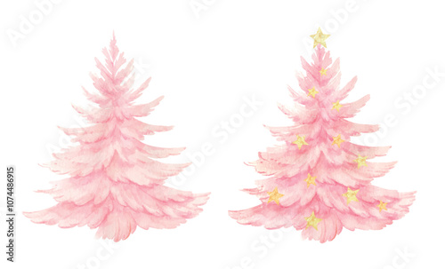 Watercolor vector pink Christmas tree with golden stars isolated on white background. A delicate and charming hand drawn illustration. Perfect for festive holiday designs and celebrations.