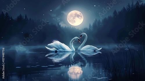 Fototapeta Naklejka Na Ścianę i Meble -  swan couple swimming on a moonlit lake. 