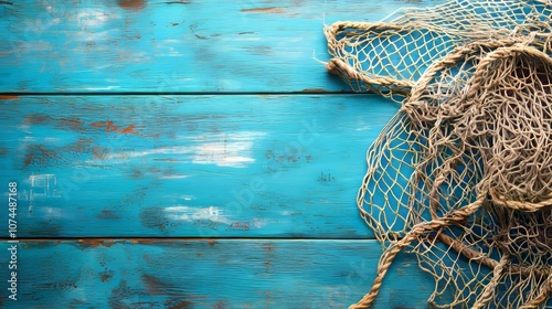 Fishing net on a rustic blue board, providing space for text or messaging. 