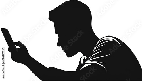 背景が透明のスマートフォンを見る男性のシルエット 