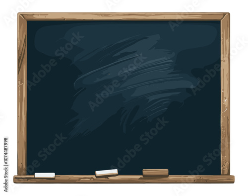 Black chalkboard background, texture. Typicall empty school blackboard with wooden frame and white chalk. Vector illustration.