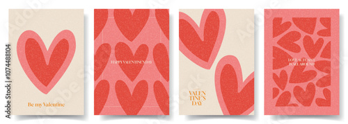 Trendy Valentine's Day posters. Concept of modern typographic design with hearts. Contemporary minimalist posters for party banner, flyer, celebration, ads, branding, cover, sale, social media.