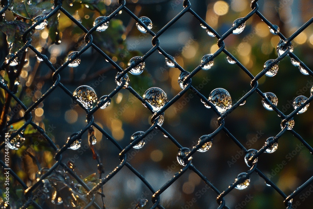 Fototapeta premium Water droplets clinging to a chain-link fence
